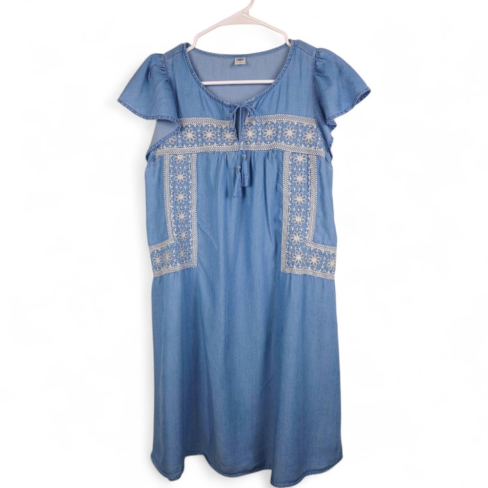 Old Navy Dress Women S Blue Chambray Embroidered Tassel Tie Boho Shift Soft